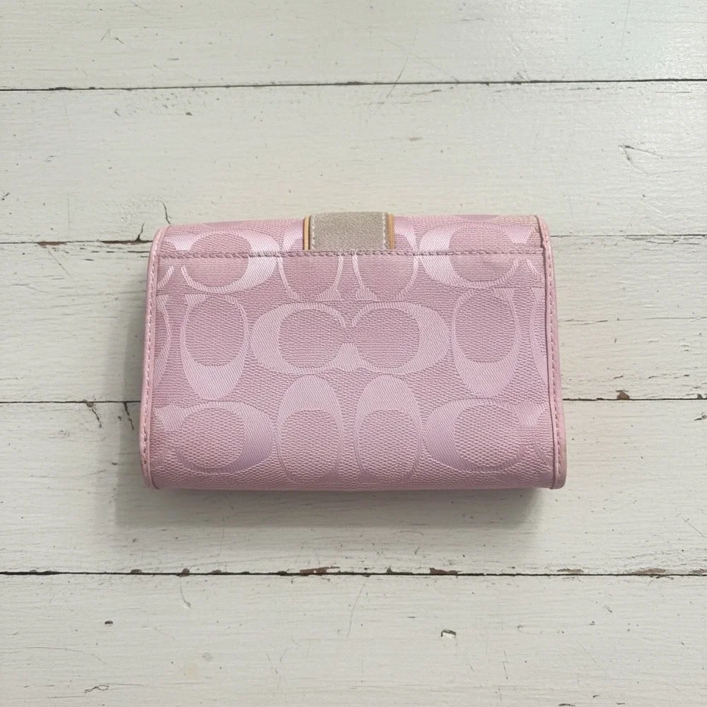 Coach Signature Jacquard Wallet Womens Pink Canvas Leather Trifold Vintage Y2K